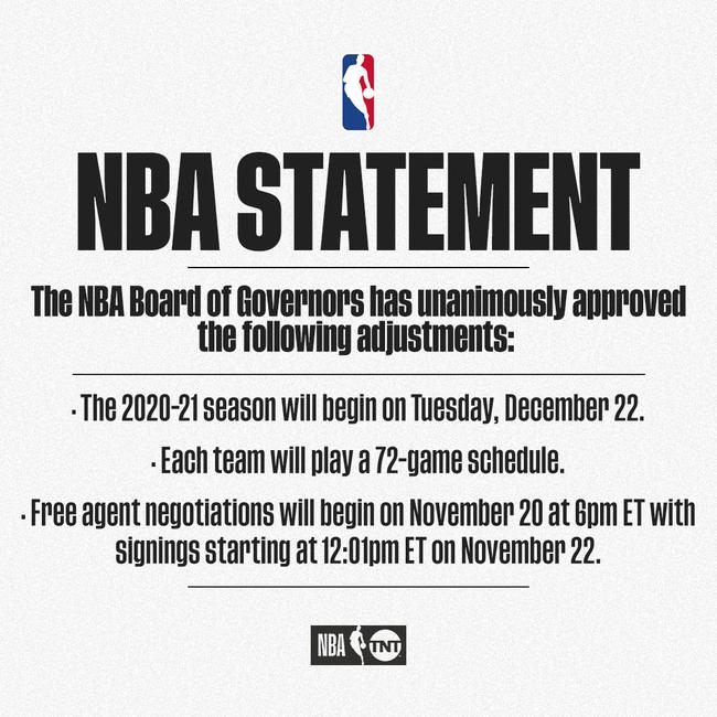 NBA全票通过新赛季12月23日开打 每队打72场
