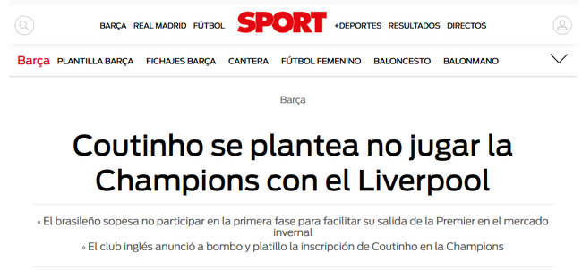库蒂尼奥不想代表利物浦参加欧冠